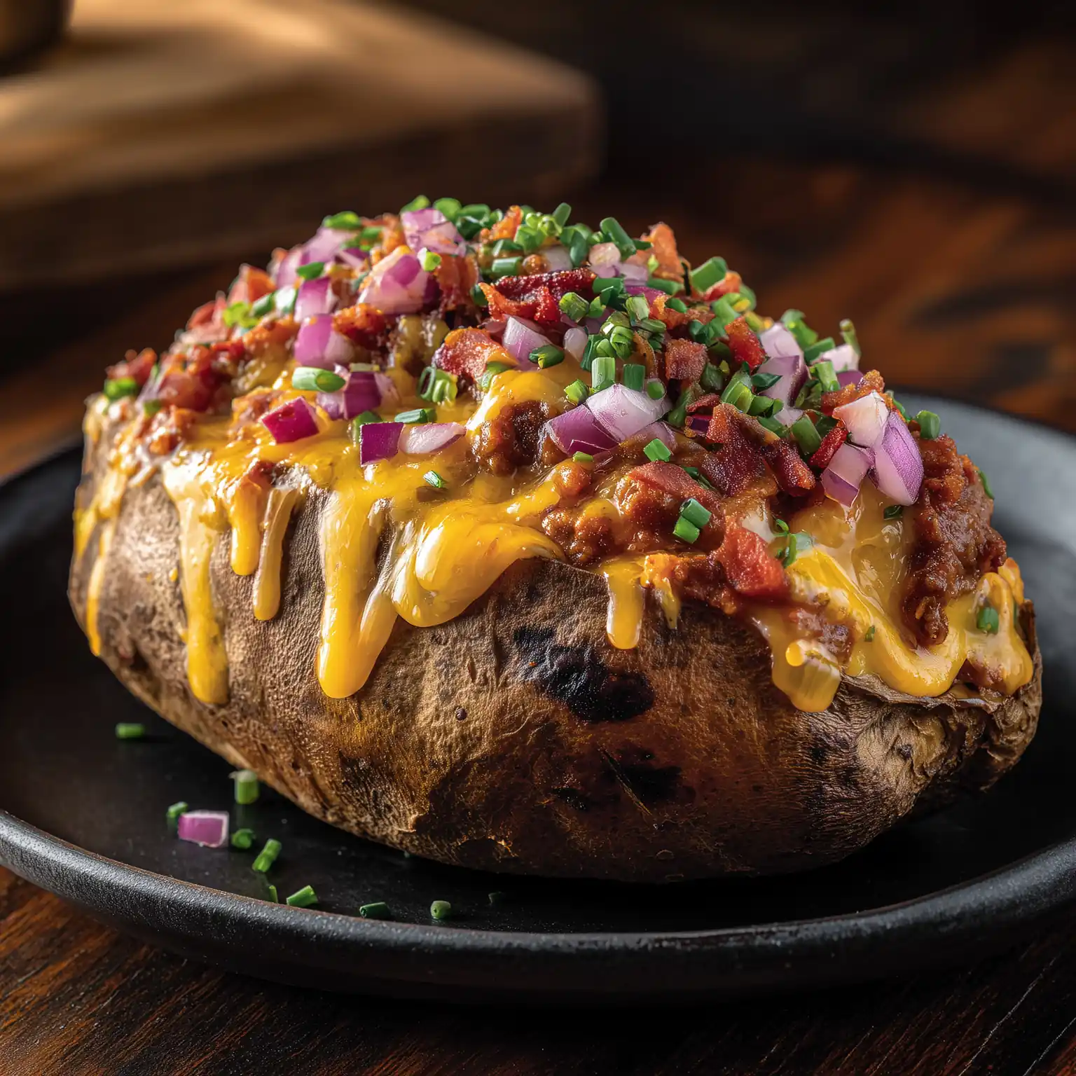 Chili High potato with house chili, nacho cheese, red onions, and chives